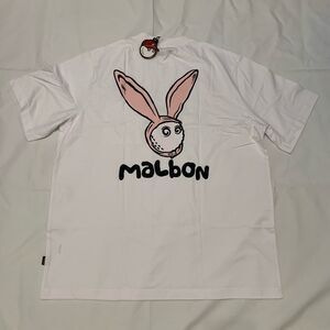 NWT Malbon Golf Sz M Rabbit Pocket SS Logo T-shirt Round 100% Cotton white bunny